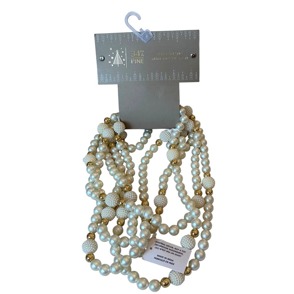34th & Pine Faux Pearl Beaded Garland 12ft Christmas Holiday Glam Decor NEW